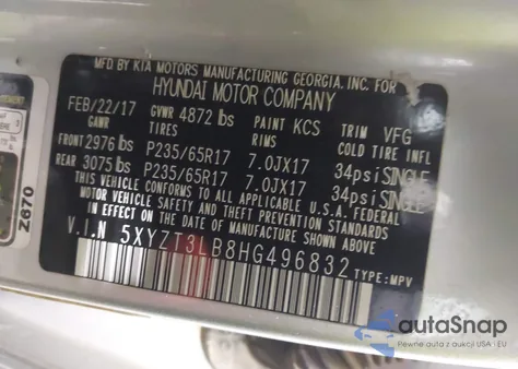 2017 Hyundai Santa Fe Sport 2.4L z USA, uszkodzony, nr VIN 5XYZT3LB8HG496832